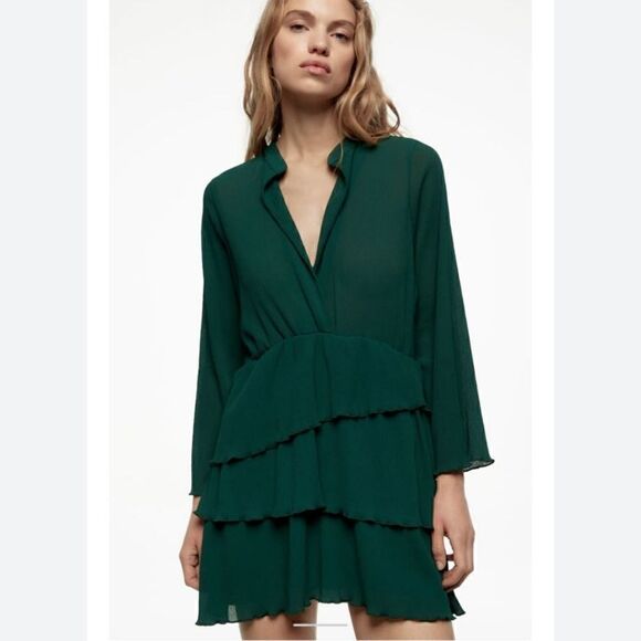Zara Green Pleated Ruffle Mini Dress Women's Size Small - Picture 1 of 10